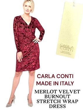 NWT Carla Conti x Yumi Burgundy Velour Stretch Midi Dress Size Medium ] NWT